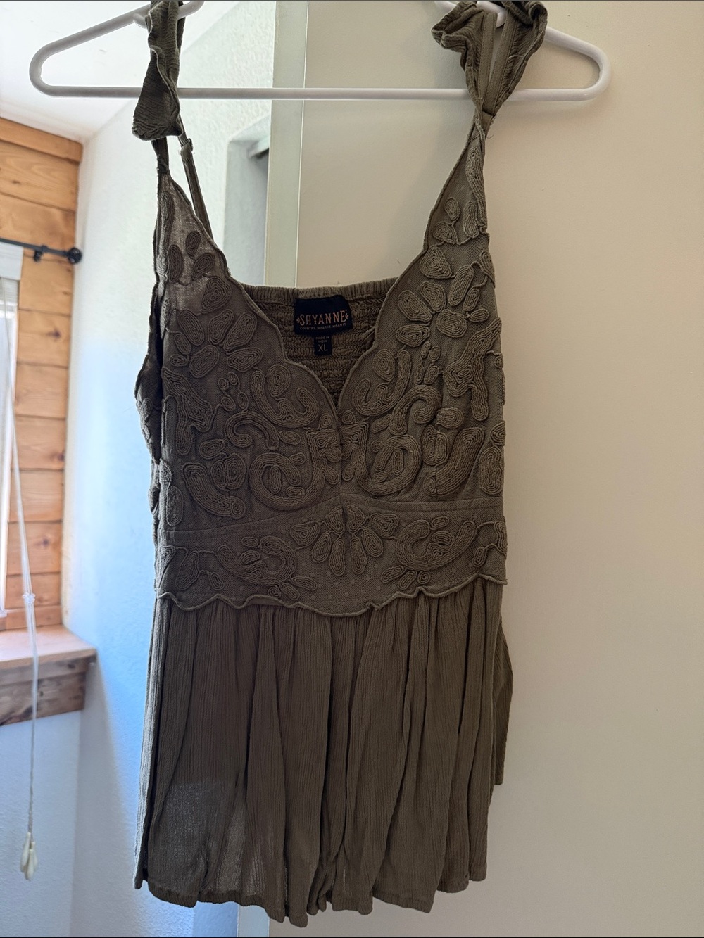 Shyanne Olive Green Embroidered Tie-Strap Tank Top